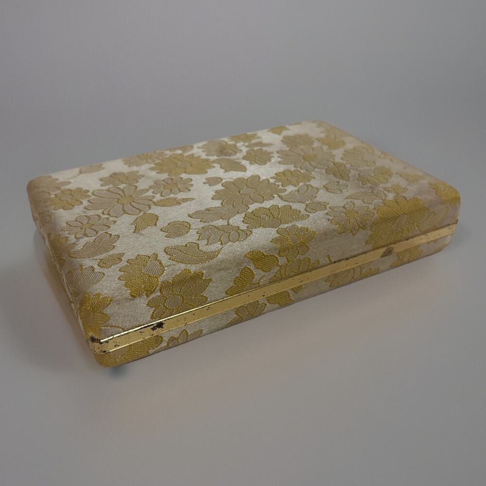 Vintage MELE Jewelry Box Travel Hardshell Clamshell Earring Case Gold Floral 6x4